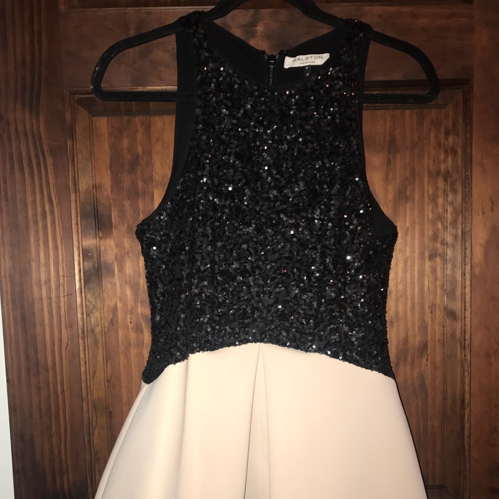 Halston Heritage beaded formal dress with pockets.